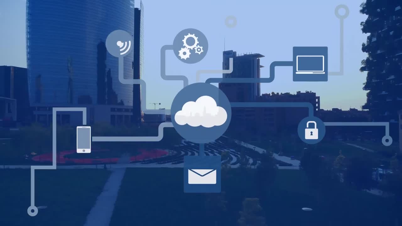 Animation of technology icons over cityscape