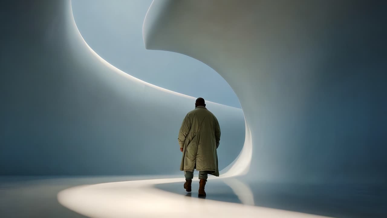 A solitary figure traverses a surreal, abstract landscape characterized by smooth, flowing lines and soft lighting, reflecting a journey through modern artistic architecture and design