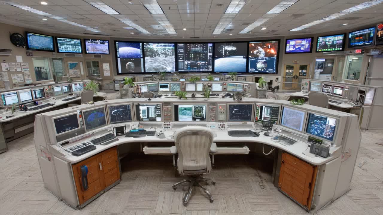 A Comprehensive Overview of a High-Tech Mission Control Room with Multiple Monitors Showcasing Space Missions and Live Data Monitoring Systems