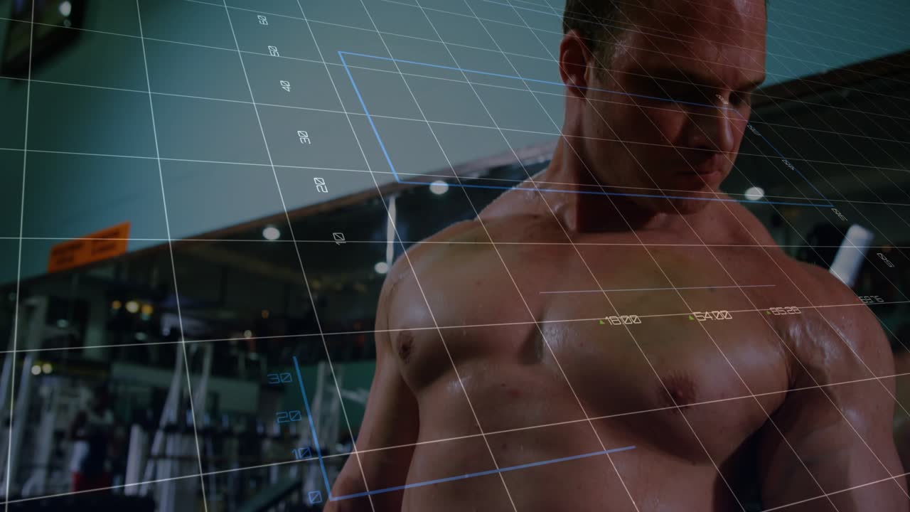 Uomo che solleva un manubrio ed esegue curl per bicipiti per allenamento fitness, con grafici HUD che tengono traccia delle ripetizioni