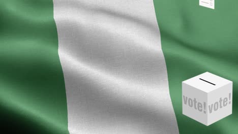 ballots fly to box for nigeria selection - ballot box in front of flag - election - vote - flag of nigeria - nigeria flag high detail - national flag nigeria wave pattern loopable elements - fabric texture and endless loop