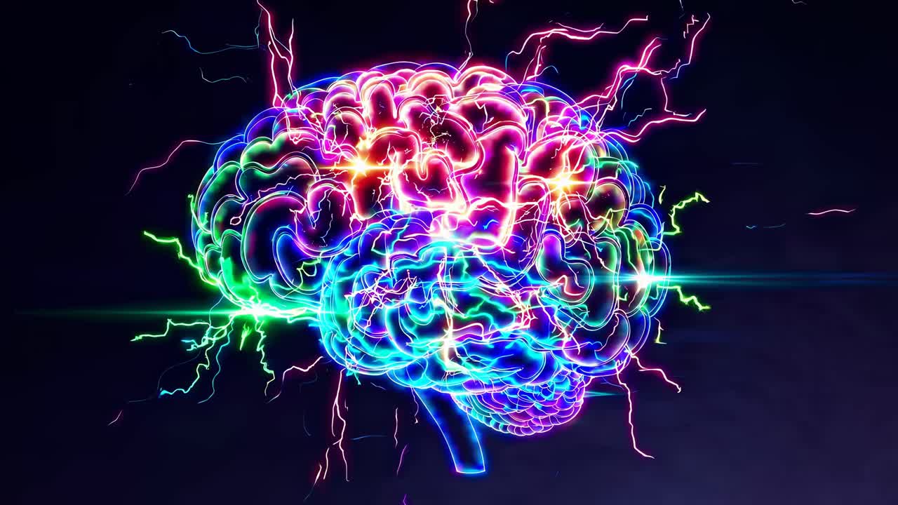A vibrant, neon-style digital brain with electric sparks, viewed from a side angle