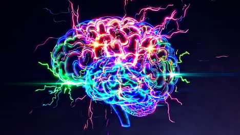 a vibrant, neon-style digital brain with electric sparks, viewed from a side angle