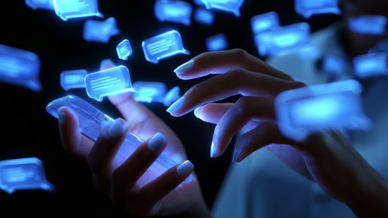A close-up view showcasing a person's hand interacting with a smartphone, surrounded by floating, illuminated text message bubbles, representing modern digital communication and social interaction