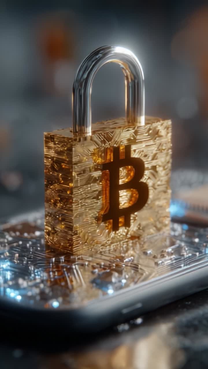 A Stunning Visualization of Bitcoin Security: A Golden Padlock Symbolizing Cryptocurrency Protection Incorporating Fashionable Digital Assets and Innovative Technology