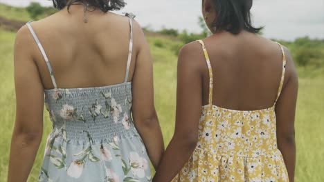 intimate slow motion shot of two girls holding hands and walking away into the field with tall grass