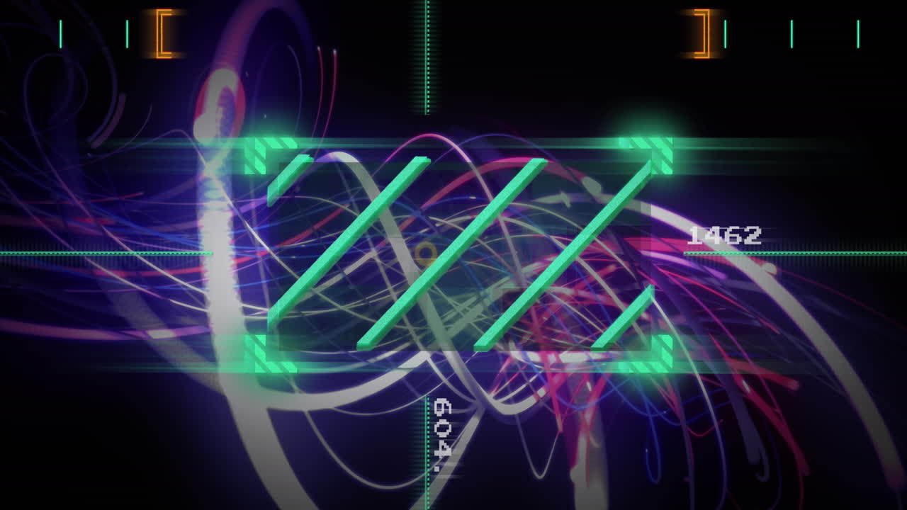 Animation of lines in viewfinder and changing numbers with spiral pattern over black background