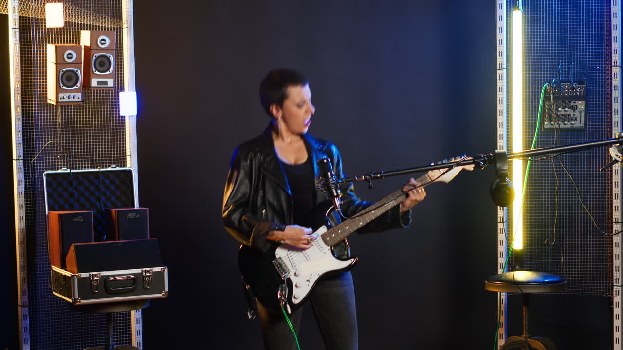 Woman Playing Electric Guitar on Stage