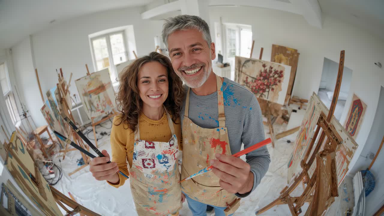 Zoom della fotocamera, uomo e donna che presentano pennelli in studio, indossando grembiuli macchiati di vernice