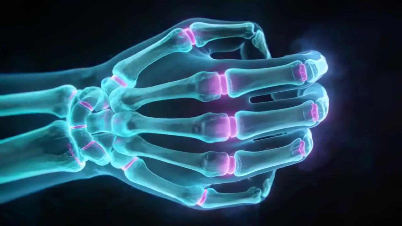 Animating glowing skeletal hand flexing fingers in studio to show joint motion, magenta rings