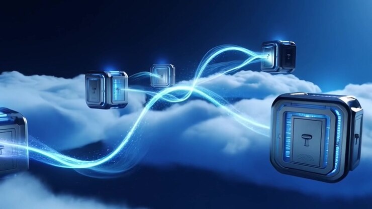 Futuristic Data Cubes Floating Above Clouds with Glowing Energy Connections