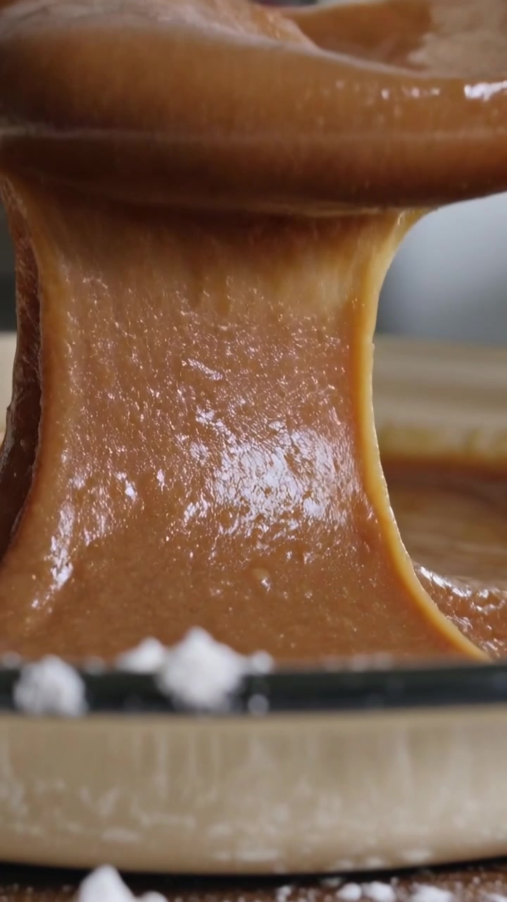 Vertical video: Approaching spatula lifting thick brown mix from dish near oven
