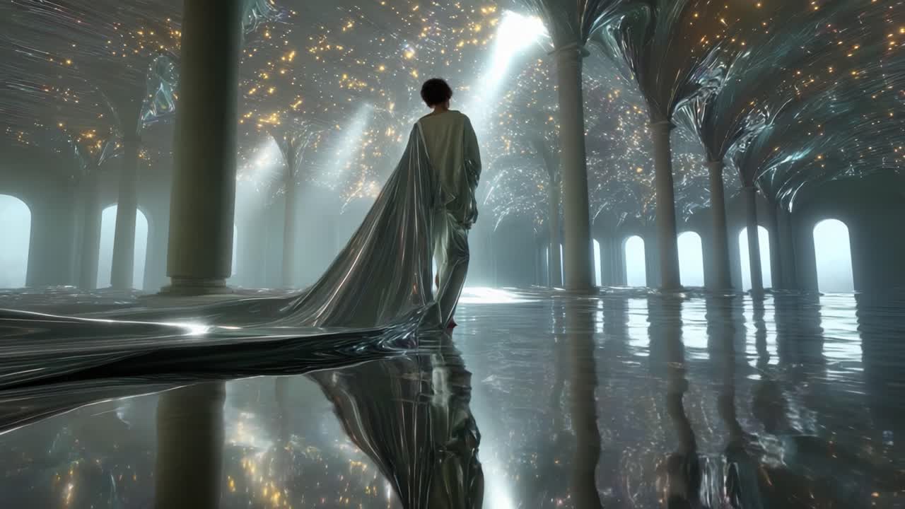 A Serene Figure in a Dreamlike Space with Reflective Surfaces and Glimmering Lights, Capturing an Ethereal Atmosphere of Mystique and Beauty Within an Enchanted Environment