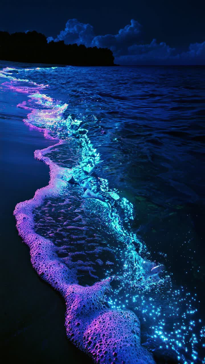 A mesmerizing video still of bioluminescent waves glowing neon pink and blue, captured from a low