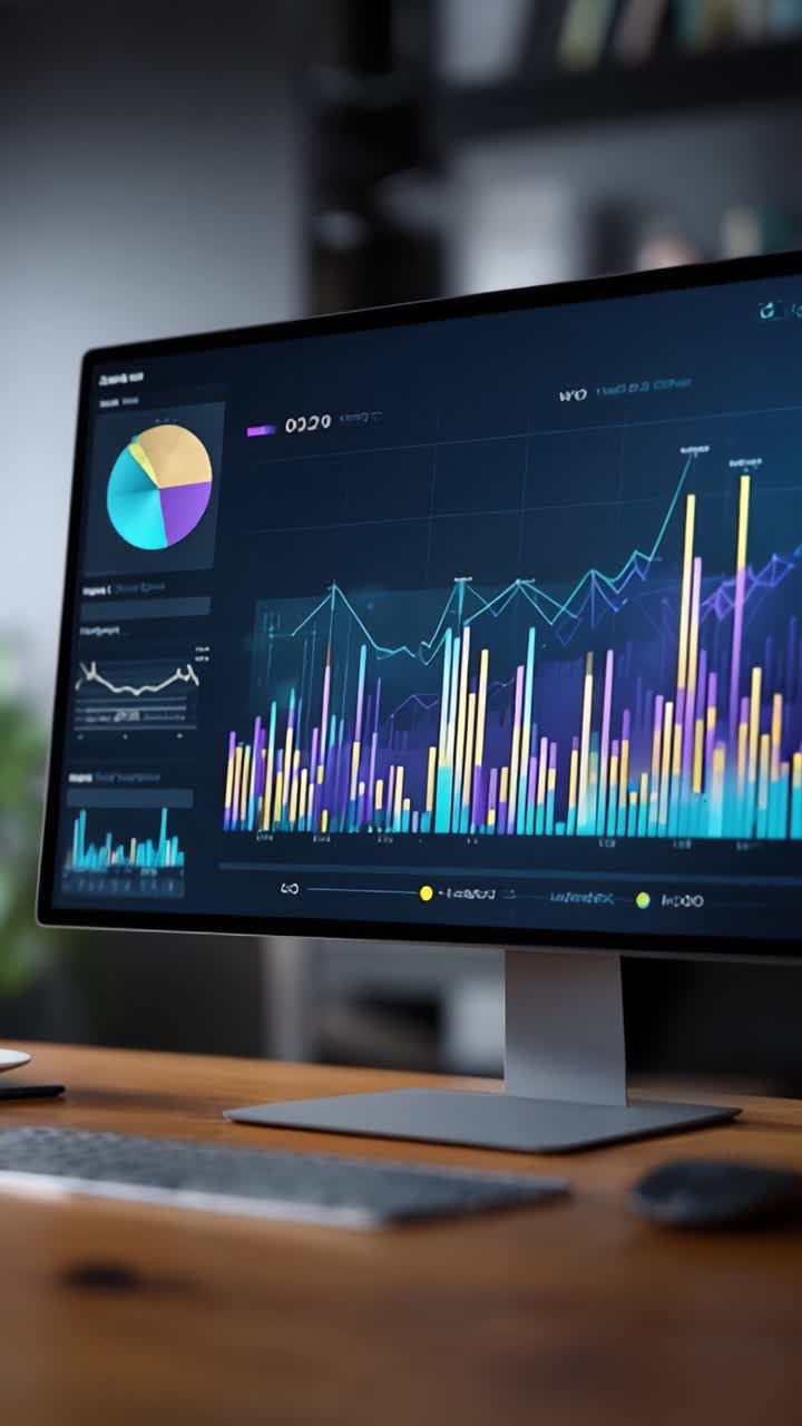 Dynamic Data Visualization Displaying Insights Through Colorful Graphs and Charts on a Modern Monitor in a Contemporary Workspace Environment