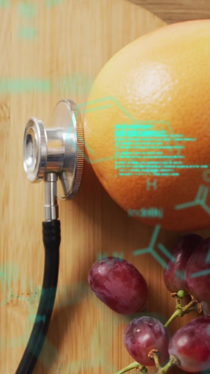 Animação de processamento de dados sobre estetoscópio e fruta