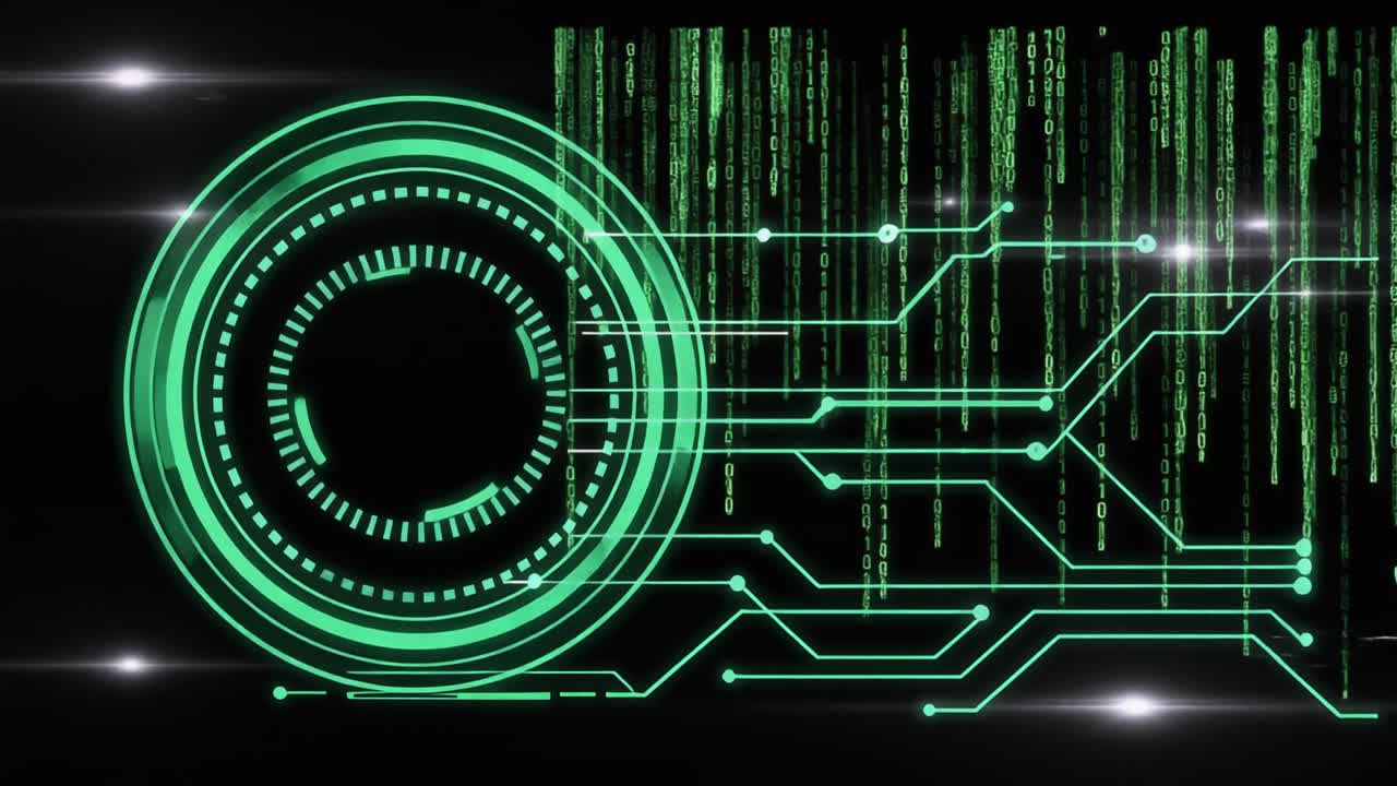 Digital HUD with Circuit Board and Binary Code Animation