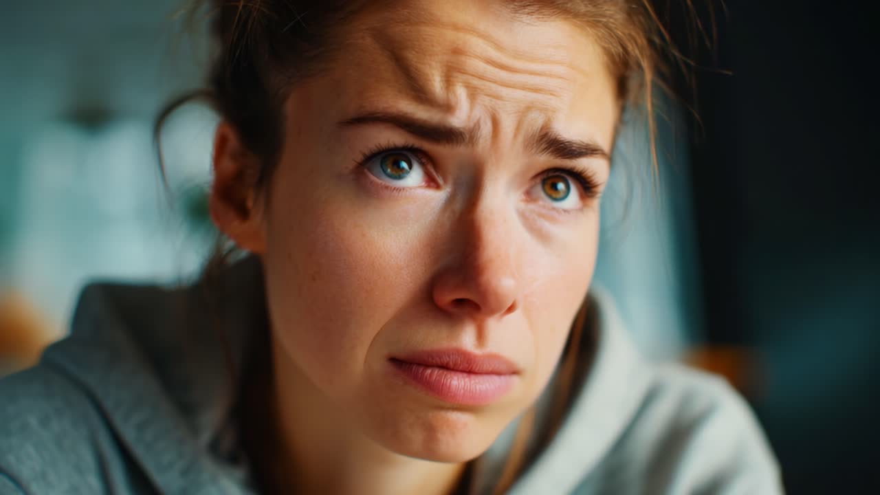 Primo piano di una giovane donna emotiva che mostra ansia e contemplazione, colta in un momento di riflessione pensierosa in un ambiente interno con illuminazione soffusa