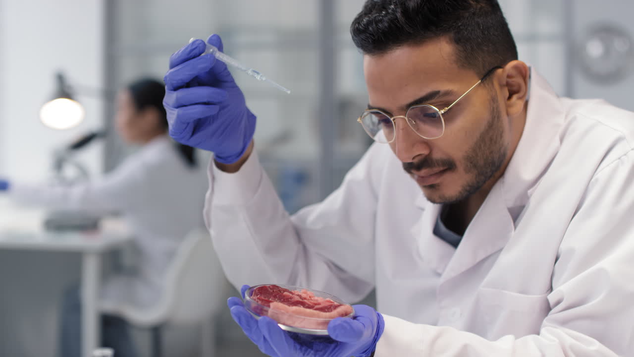 Scientist conducting a biological experiment on meat sample in a lab