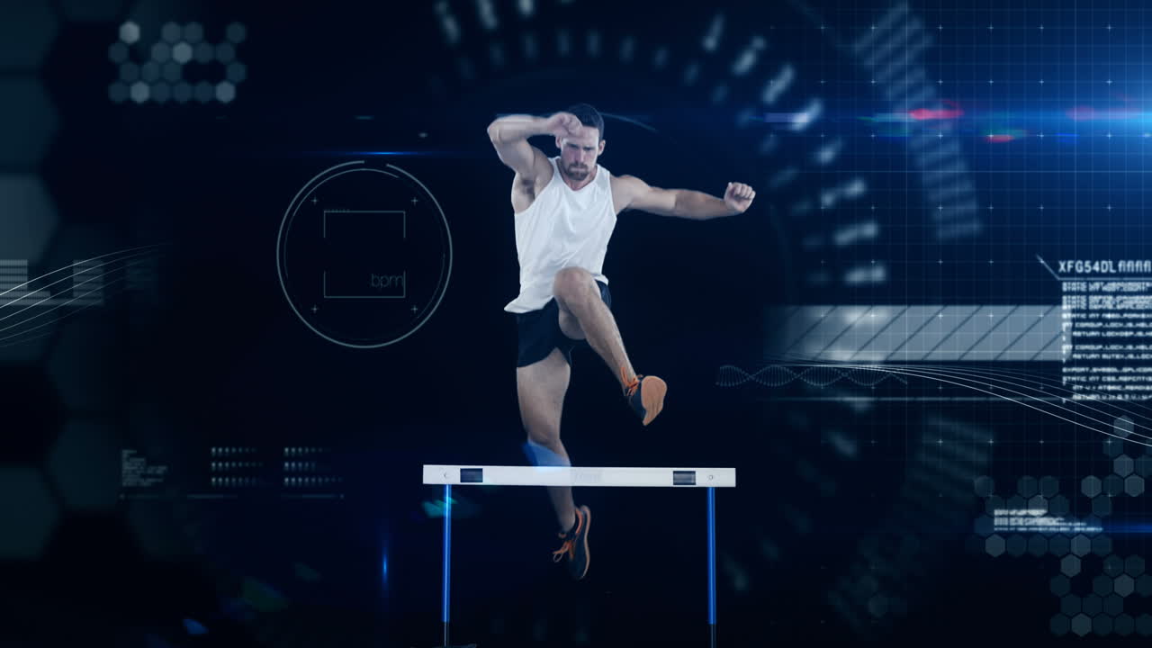 atleta saltando sobre un obstáculo contra el fondo animado