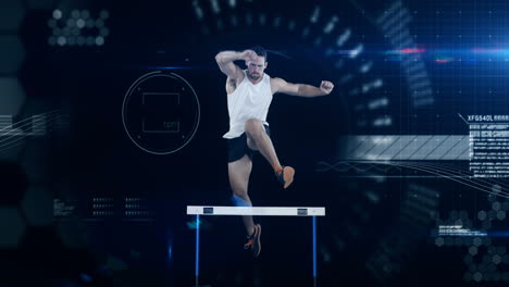 athlete jumping over hurdle against the animated background