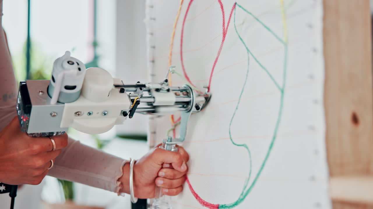 mujer usando una máquina para crear un diseño de tela
