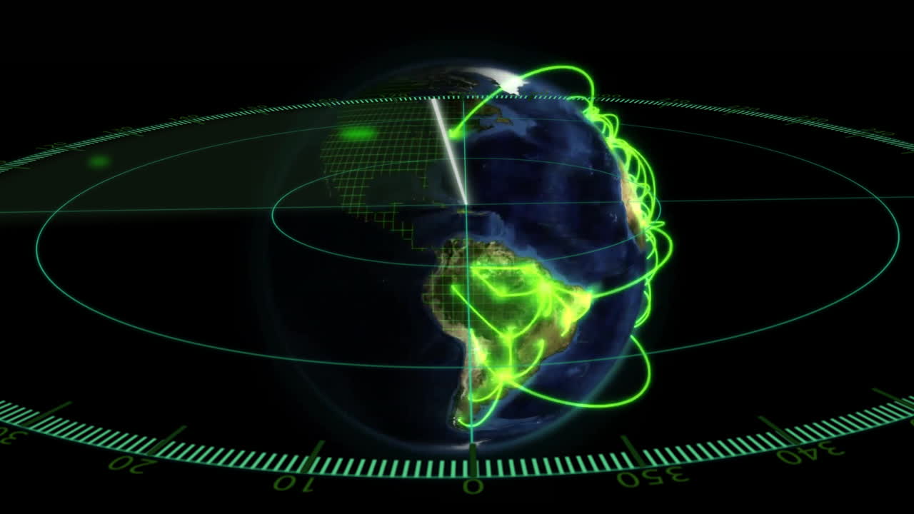 Animation of digital globe with green data lines and radar grid on continents