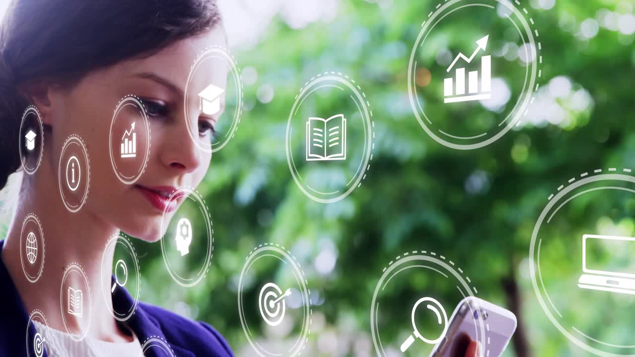 Woman tapping phone and pointing pen showing animated icons for biz research as camera pulling back