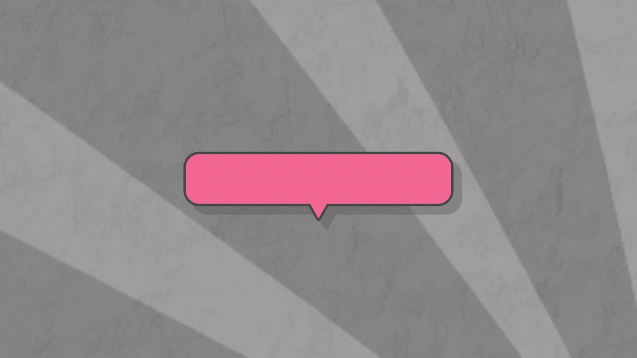 Pink speech bubble animation over gray background with diagonal stripes
