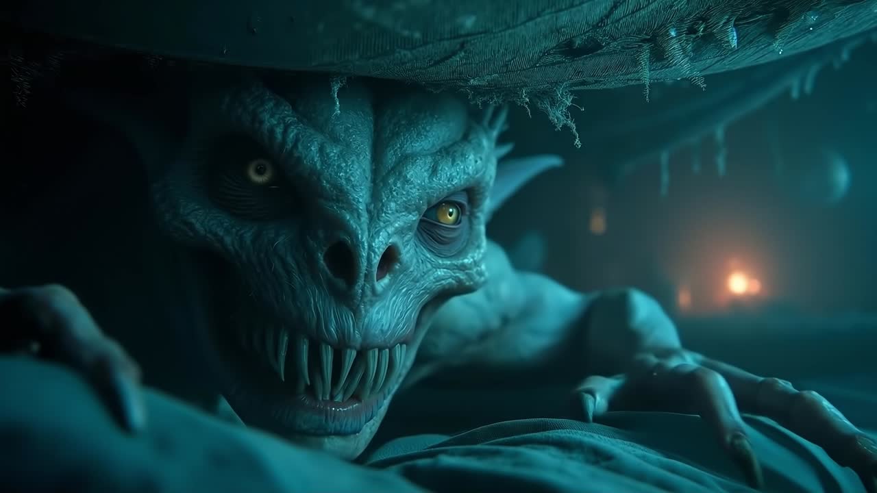 A close up of a monster with a hat on its head