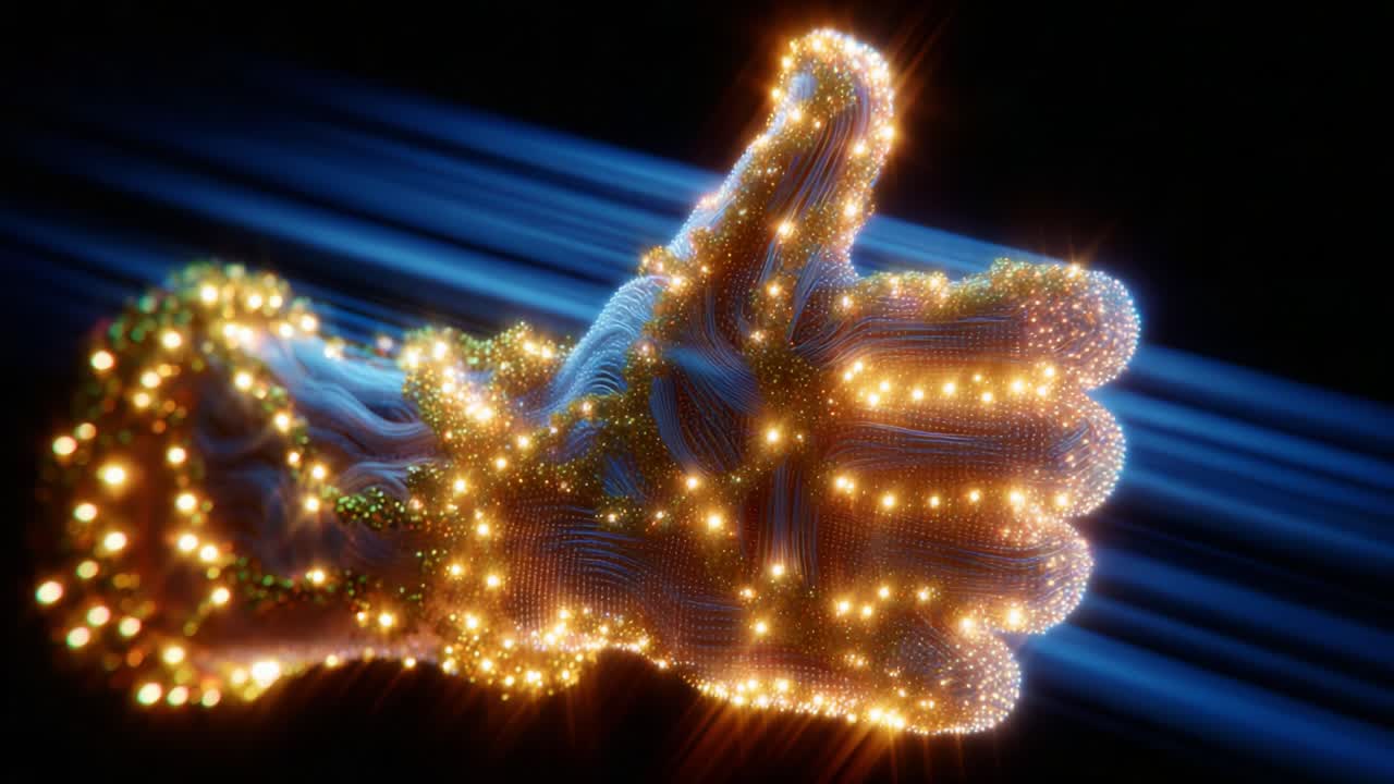 A stunning visual representation of a glowing hand gesture that signifies approval and positivity, surrounded by mesmerizing light trails, creating a captivating and vibrant atmosphere