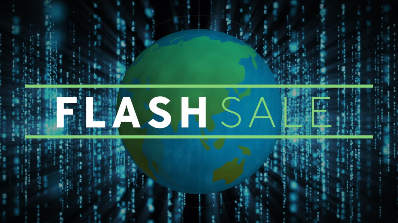 Animation of flash sale text over globe and data processing