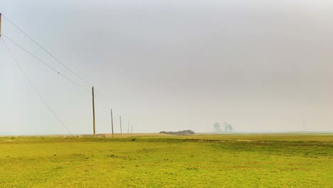 Electric-line-runs-through-Bangladesh-landscape-soft-light,-panning