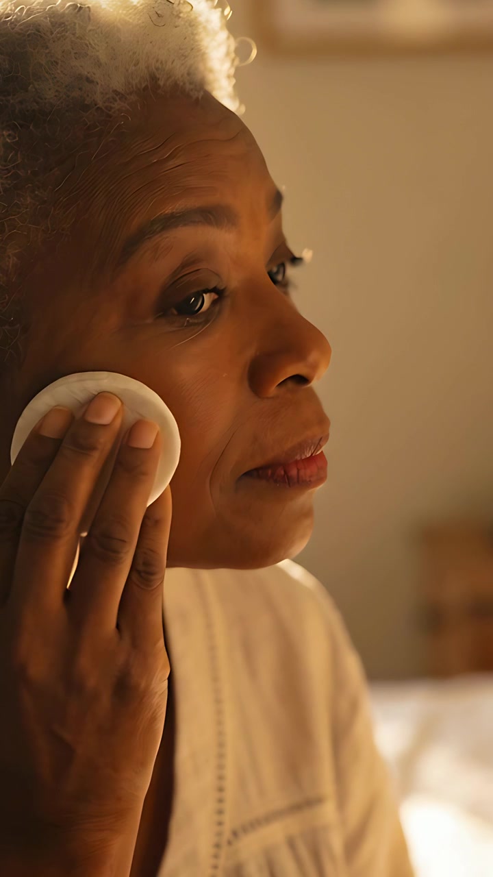 Vertical video: Bringing cotton pad, senior woman pressing, sweeping, cleansing skin in bedroom