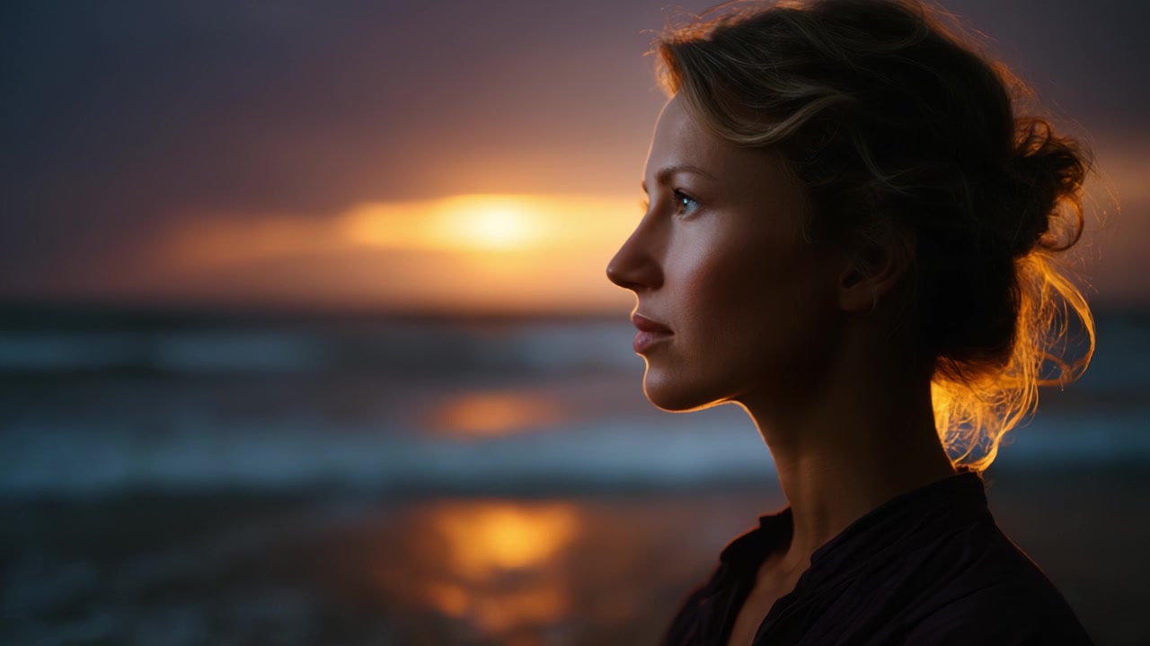 A Serene Profile of a Woman Contemplating the Sunset by the Ocean, Capturing a Tranquil Moment as Waves Gently Crash Against the Shore in the Background