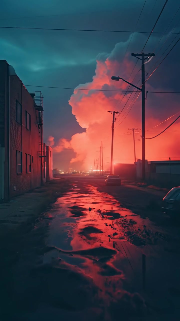 Tramonto drammatico su un vicolo industriale con pozzanghere