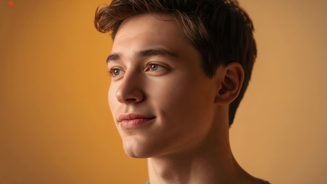 Inquadratura che si stringe, uomo che sorride, chiude e poi riapre gli occhi, incrocia lo sguardo in studio con una maglietta girocollo