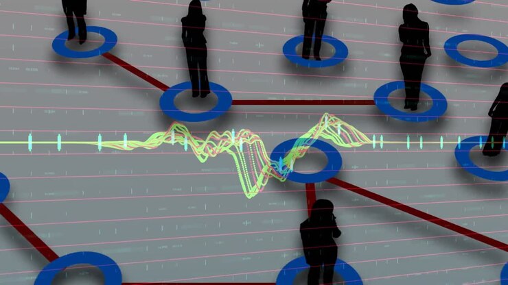 Animation of network of connections with people icons and financial data processing