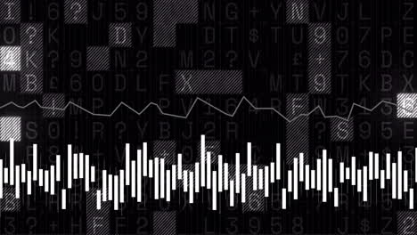 financial data analysis animation over fluctuating bar and line graphs