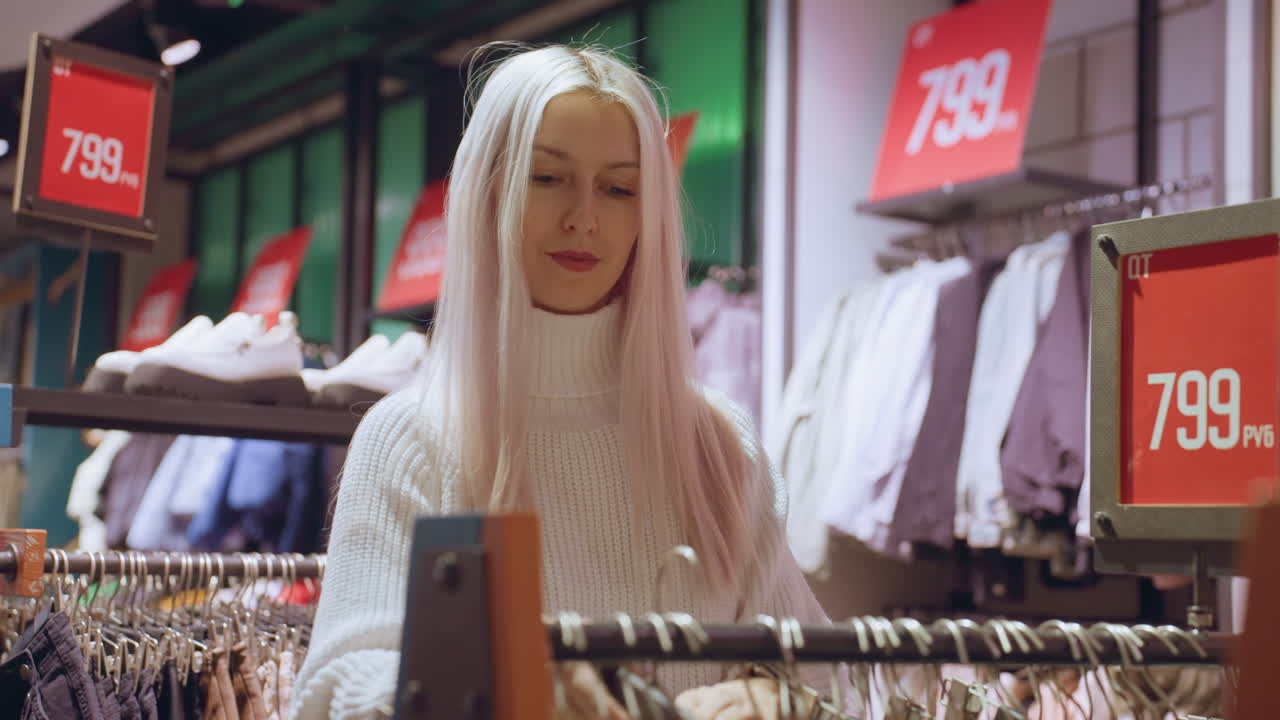Attentive shopper removes baggy white short with side pocket from rack and examines fabric texture and fit under warm boutique lighting amidst organized racks of casual apparel evoking shopping mood