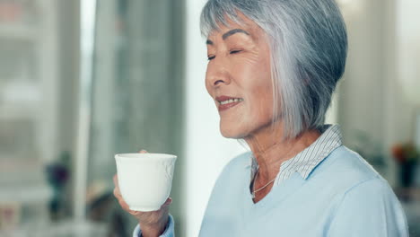 home, thinking and elderly woman with coffee