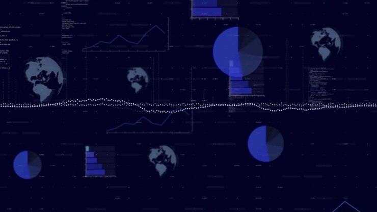 On data update dotted waveform pulsing while blue pies scaling and shifting right to show trends