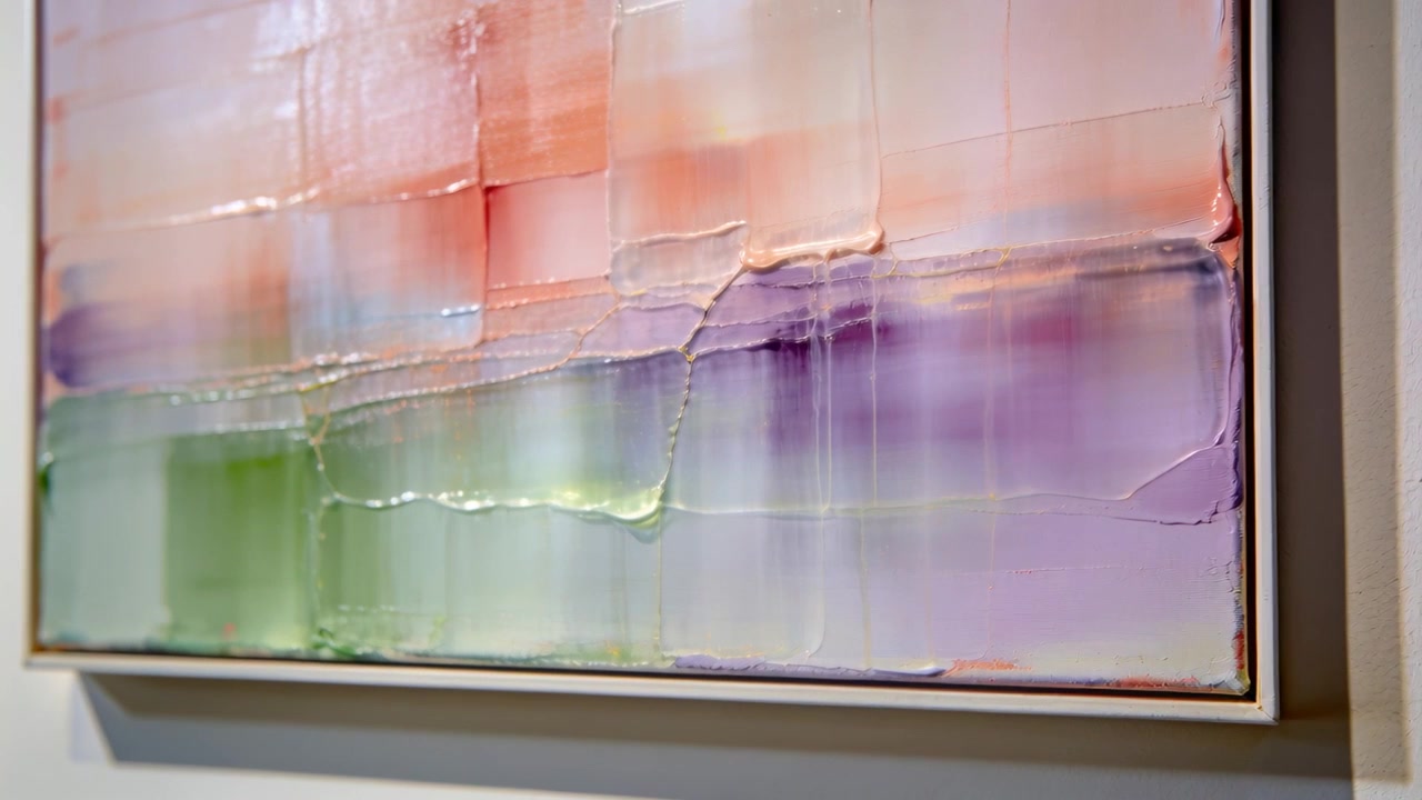 Telecamera che si allontana rivelando un dipinto astratto incorniciato in galleria che mostra creste a impasto e bande morbide.