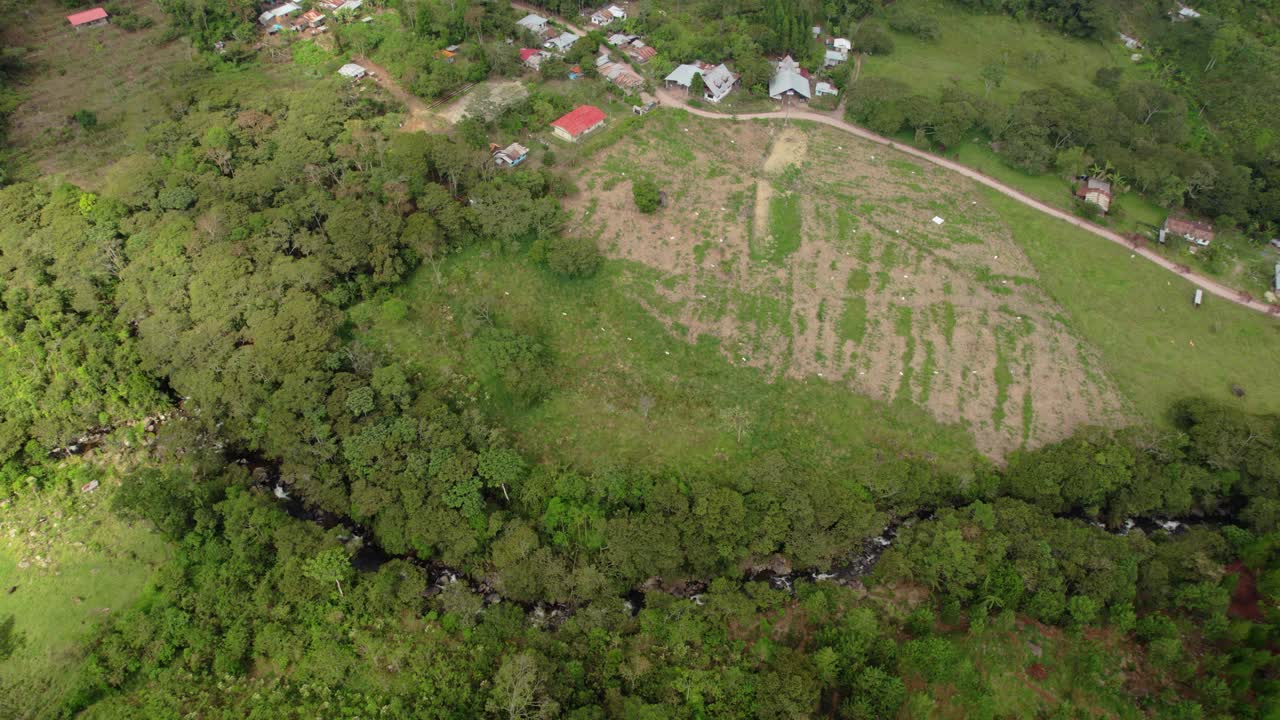 Drone orbital aerial view of green field and hills with pine trees a cloudy day in Oxapampa, Peru.