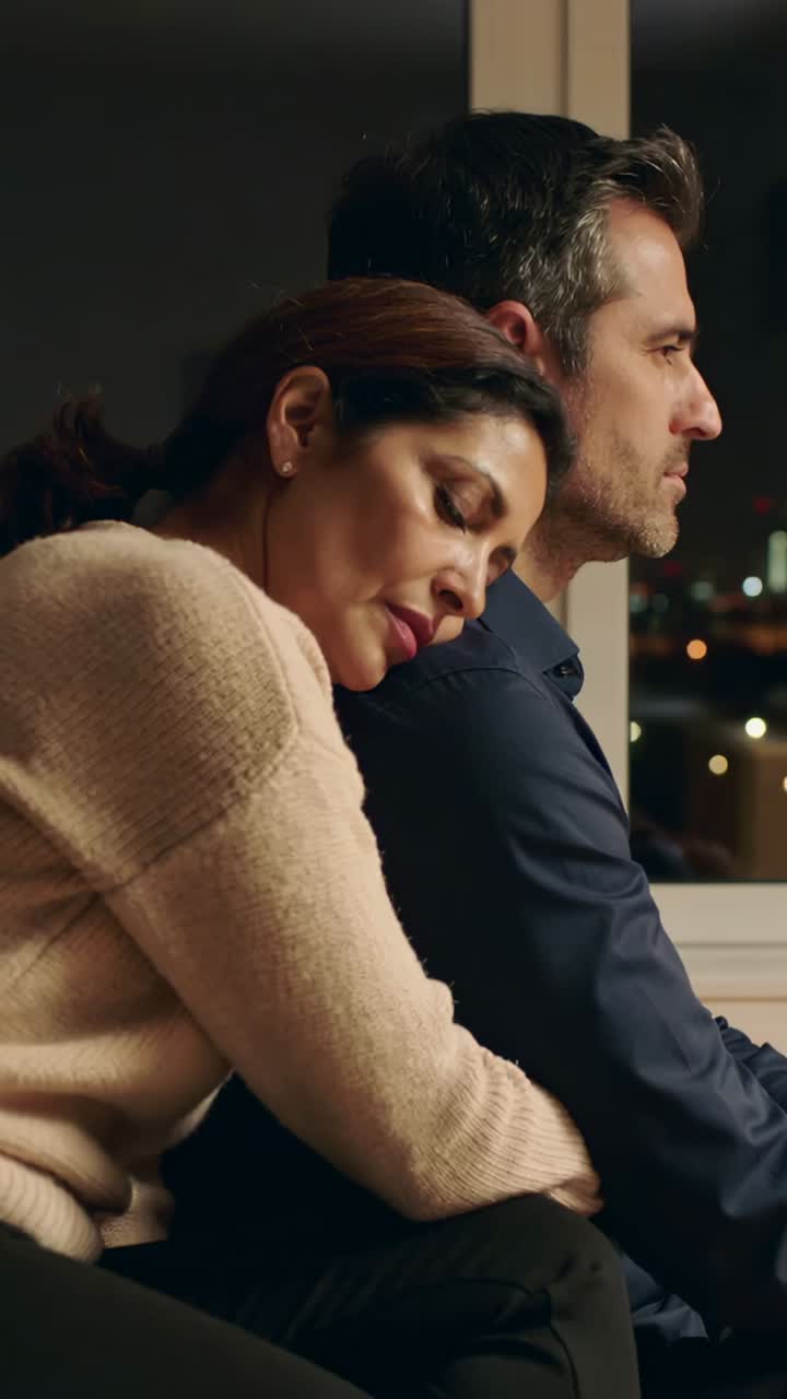 Video verticale: donna appoggiata a un uomo che indossa una maglia color tan e cerca riposo sulla sua schiena, mentre l'uomo guarda le luci della città dalla finestra