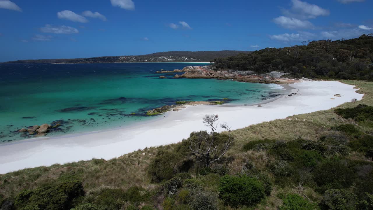 White Sand And Turquoise Bay - Swimcart Beach In Tasmania,Australia - Drone Shot