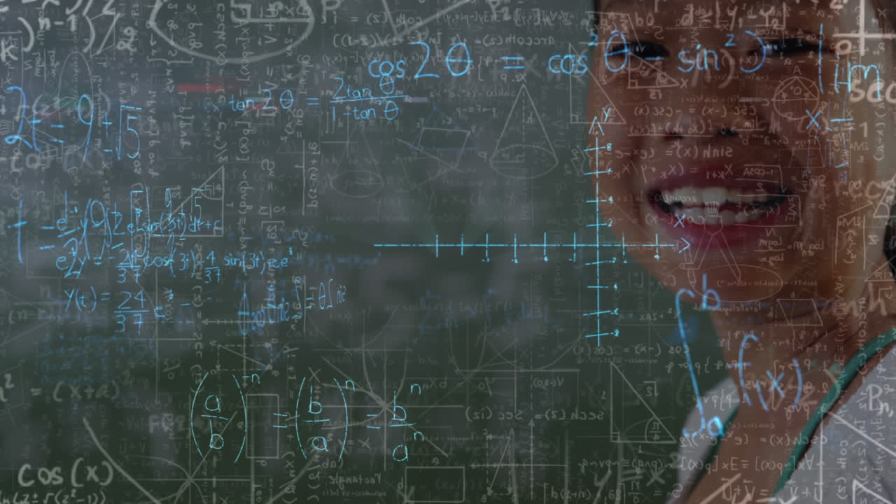 animación de fórmulas matemáticas en movimiento y procesamiento de datos sobre una niña que usa un teléfono inteligente