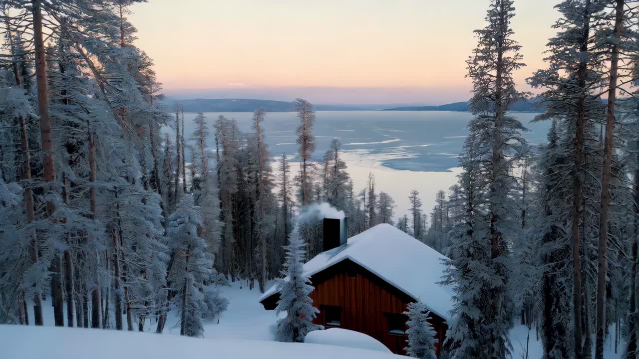 Cabaña nevada junto a un lago helado al amanecer o atardecer