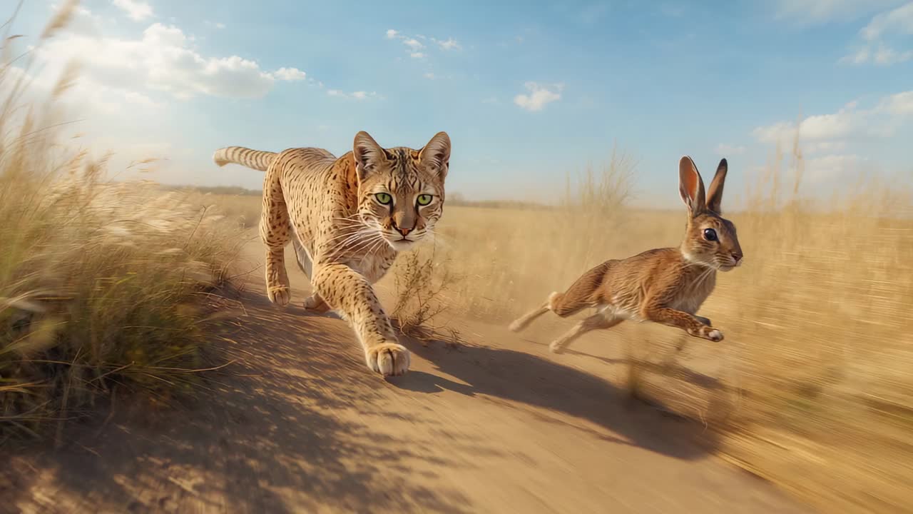 Chasing tawny wildcat closing on hare, hare leaping to escape along sandy track, dust trailing