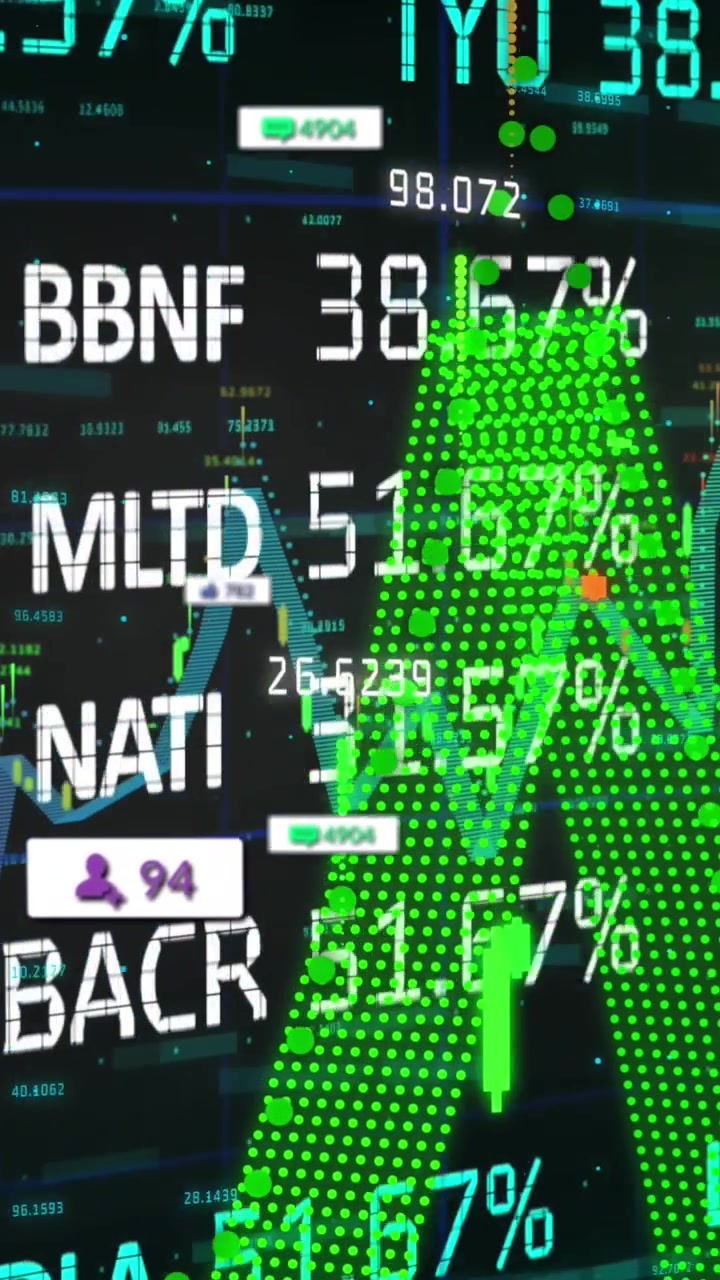 Animation of financial data processing and statistics on black background